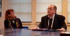 SAM board member Jane Troup listens to George Neubert