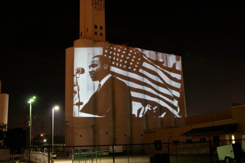 Projections of MLK  on historic silos inspire